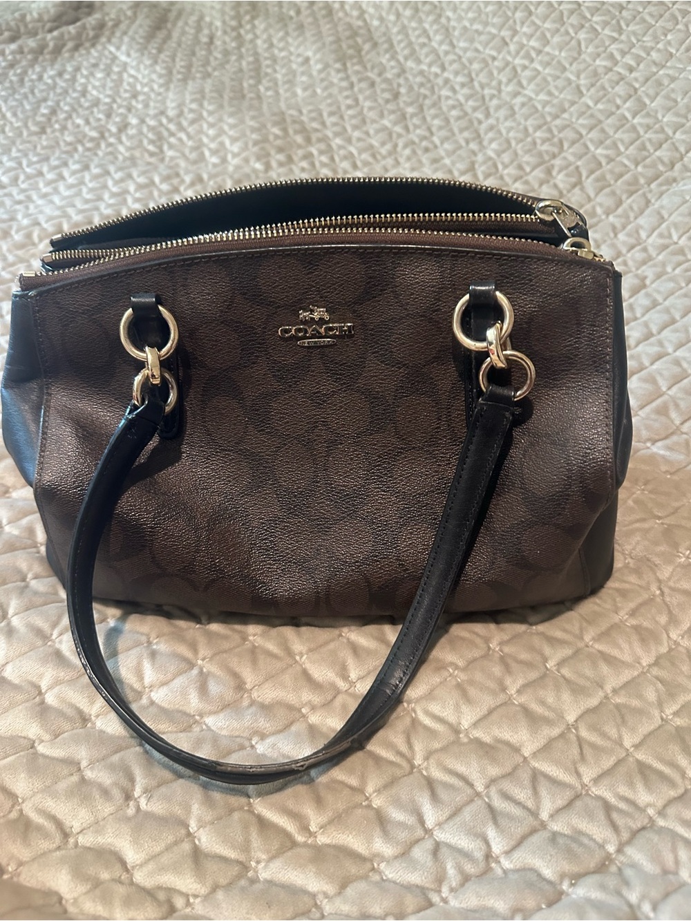 Coach Christie Carryall Signature Canvas Shoulder Bag with Black Leather Straps